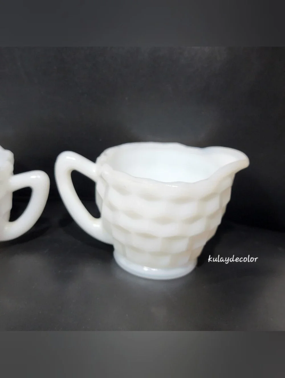 Vintage Jeannette White Milk Glass Creamer & Open Sugar Bowl Set Diamond Quilt